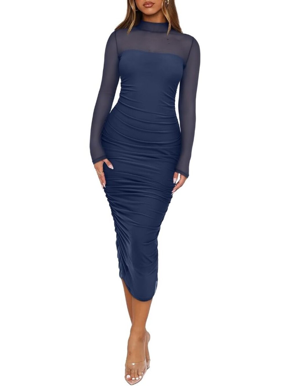 Women's Sky Blue Fall Mesh Sheer Long Sleeve Midi Ruched Bodycon Elegant Dresses